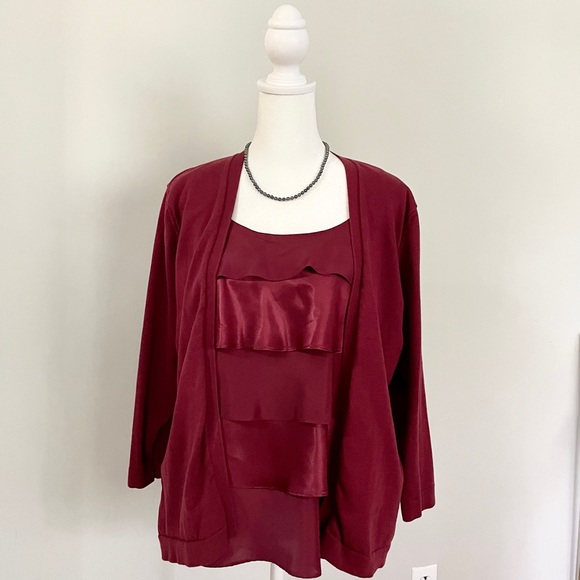 august silk Sweaters - August Silk Women's Burgundy 3/4 Sleeves Silk Faux Cardigan Size XL